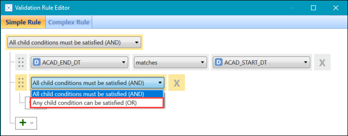 'Any child condition can be satisfied (OR)' option