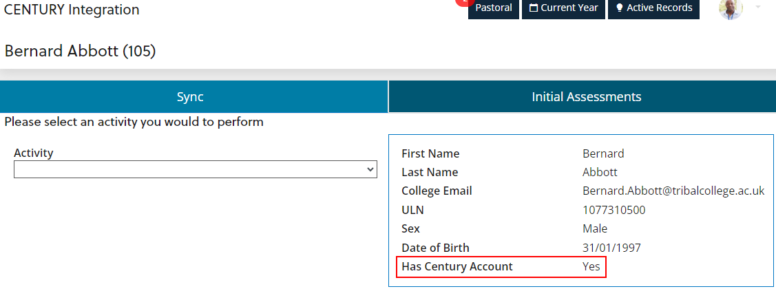 Century account created in ontrack