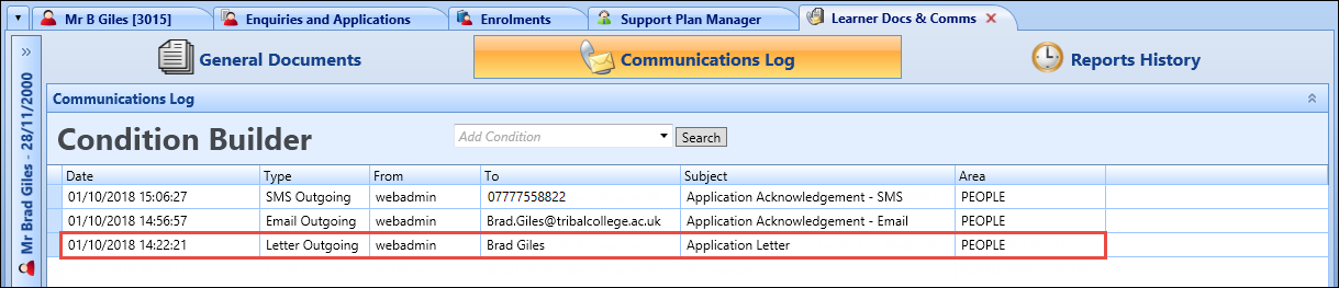 Communications Log tab - letter correspondence