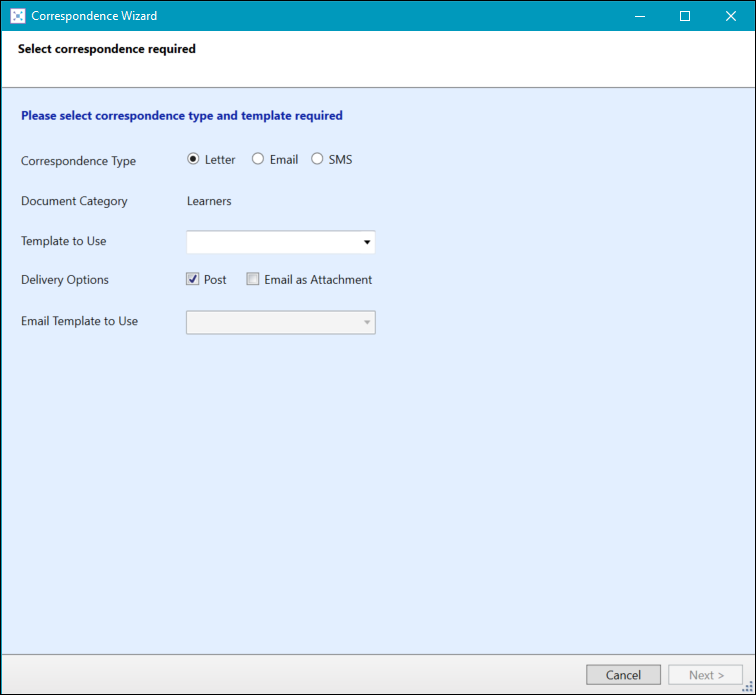 Correspondence Wizard - Select Correspondence Required screen