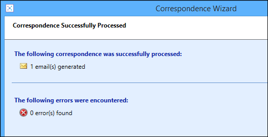 Correspondence Successfully Processed screen - email