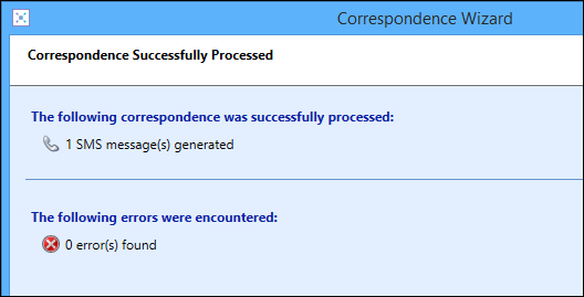 Correspondence Successfully Processed screen - SMS