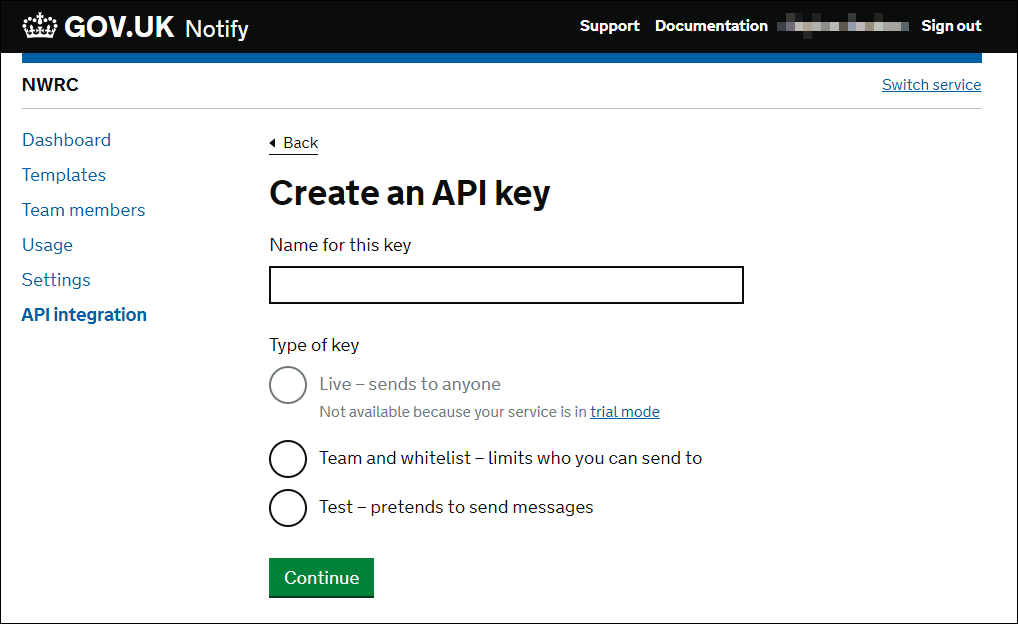 Create an API Key screen