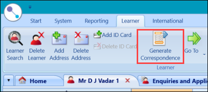 Learner tab - Generate Correspondence button