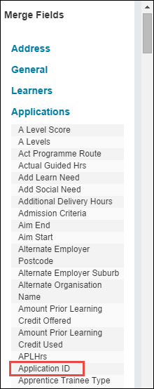 Merge Fields section - select