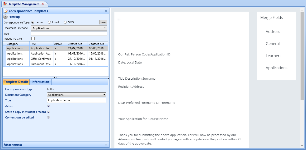 Template Management screen