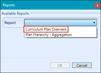 Reports window - Curriculum Plan Overview report option