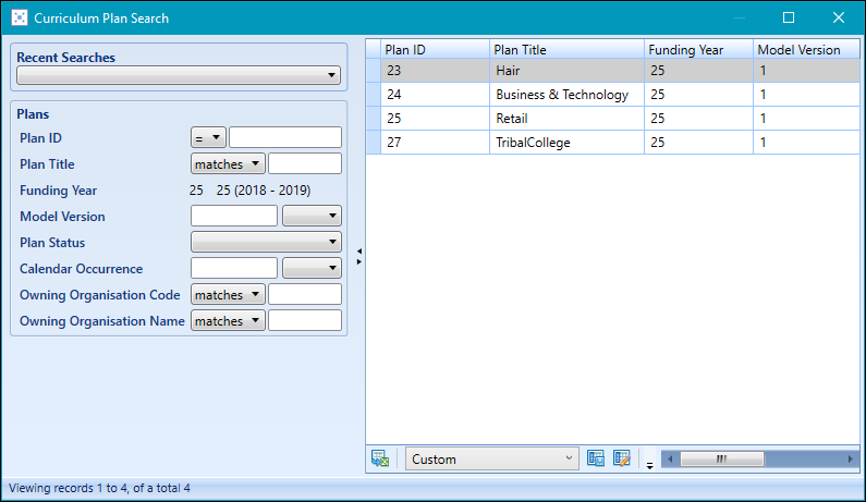 Curriculum Plan Search window