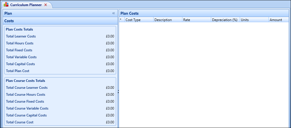 Plan Costs screen