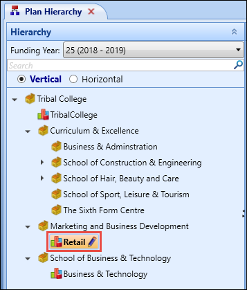 Hierarchy pane - plan selected