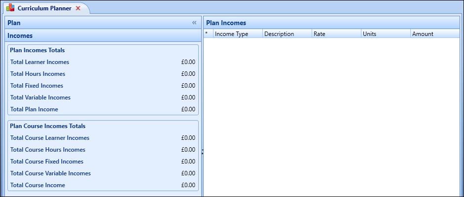 Plan Incomes screen