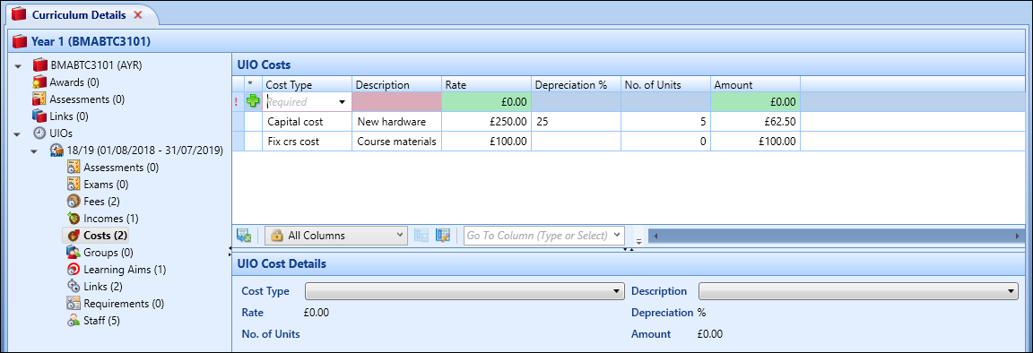 UIO Costs screen