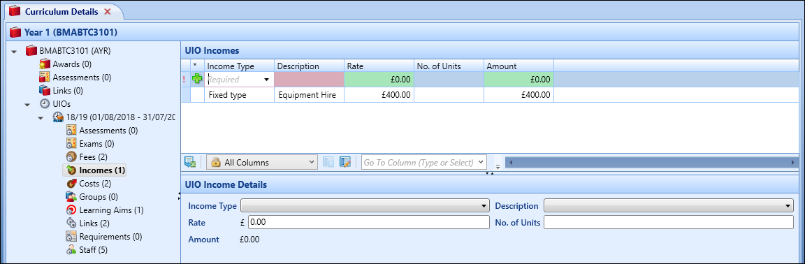 UIO Incomes screen