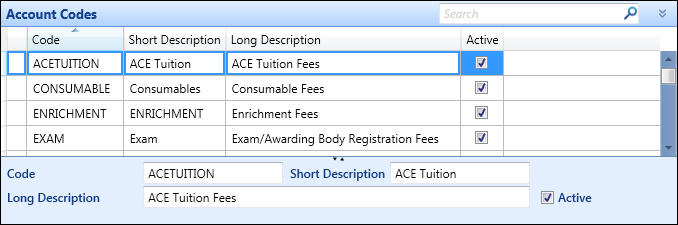 Account Codes reference data