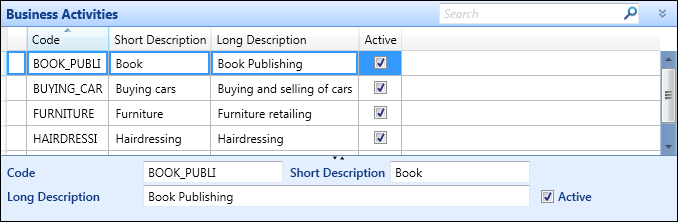 Business Activities reference data