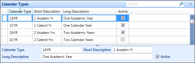 Calendar Types reference data