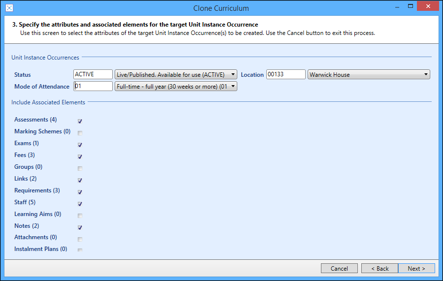 Clone Curriculum wizard - screen 3