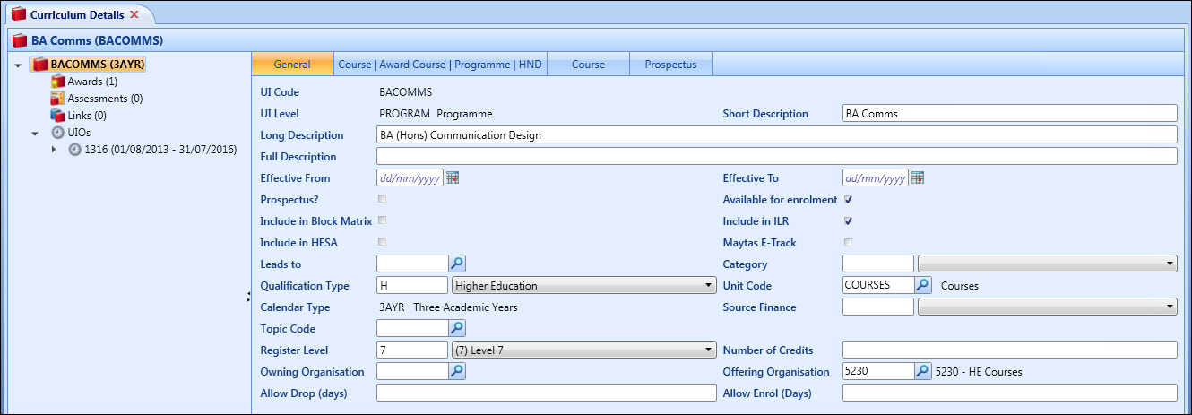 Curriculum Details screen - example UI