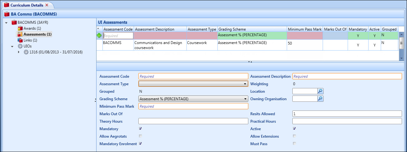 Curriculum Details screen - UI Assessments