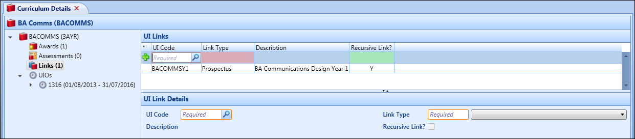 Curriculum Details screen - UI Links