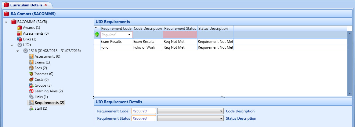 Curriculum Details screen - UIO Requirements