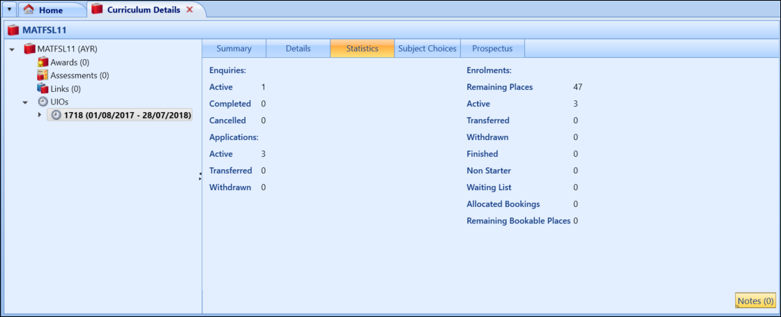 Curriclum Details screen - UIO Statistics