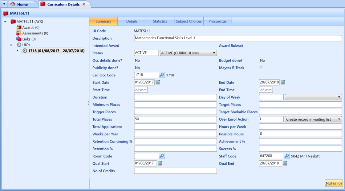 Curriculum Details screen - UIO Summary