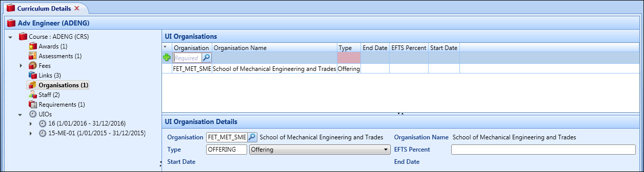 Curriculum Details screen - UI Organisations