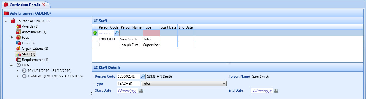 Curriculum Details screen - UI Staff