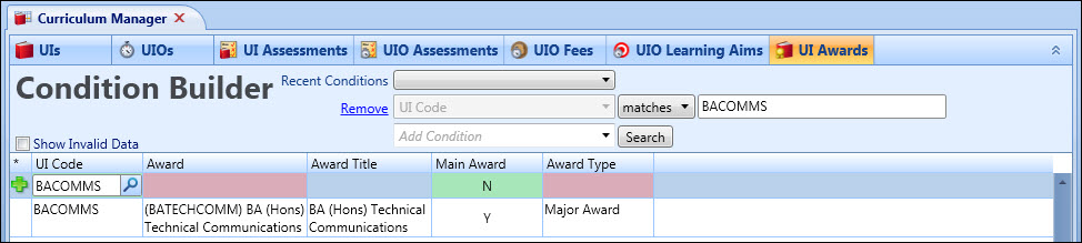 Curriculum Manager - UI Awards grid