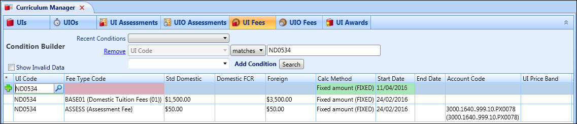 Curriculum Manager - UI Fees grid