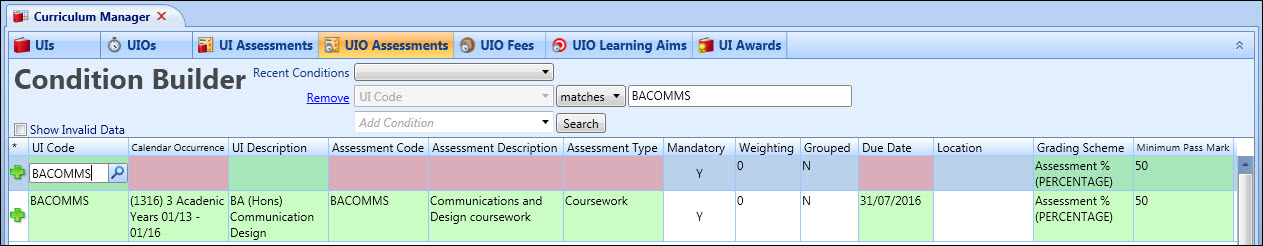 Curriculum Manager - UIO Assessments grid