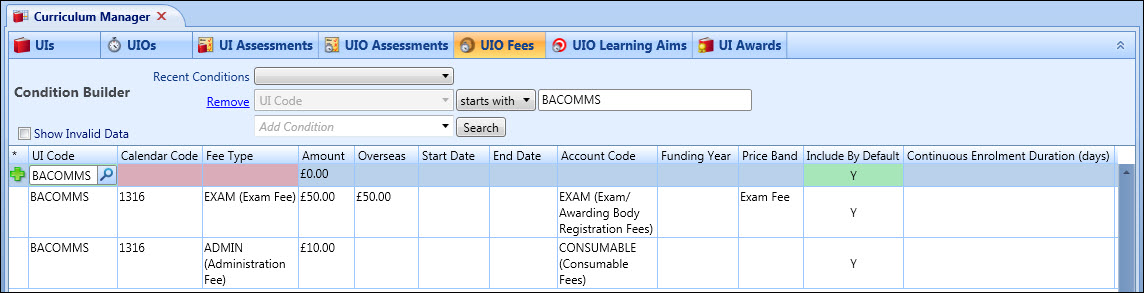 Curriculum Manager - UIO Fees grid