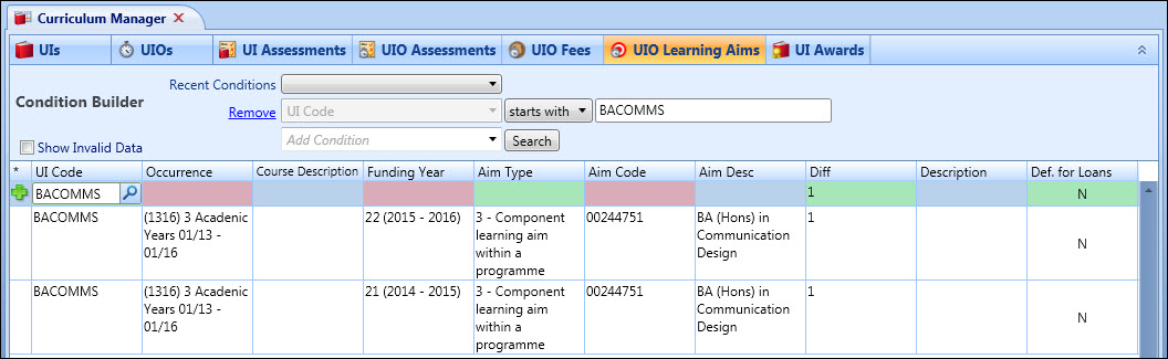 Curriculum Manager - UIO Learning Aims grid