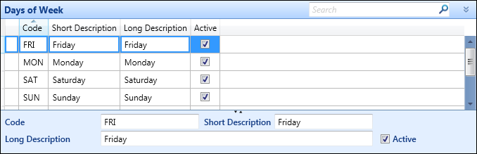 Days of Week reference data