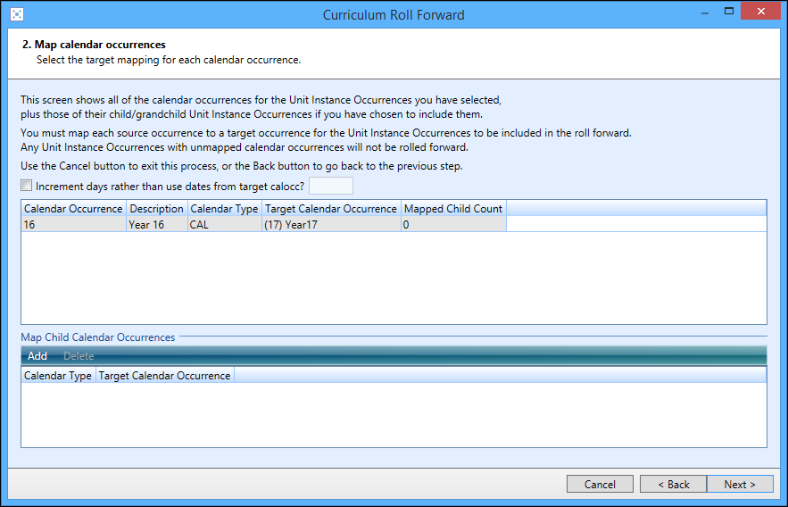 Curriculum Roll Forward wizard - screen 2