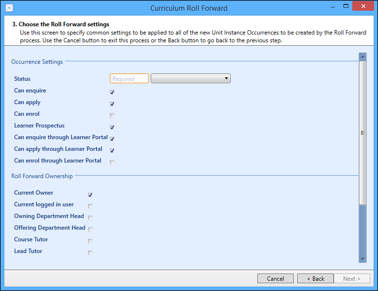 Curriculum Roll Forward wizard - Screen 3