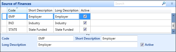 Source of Finances reference data