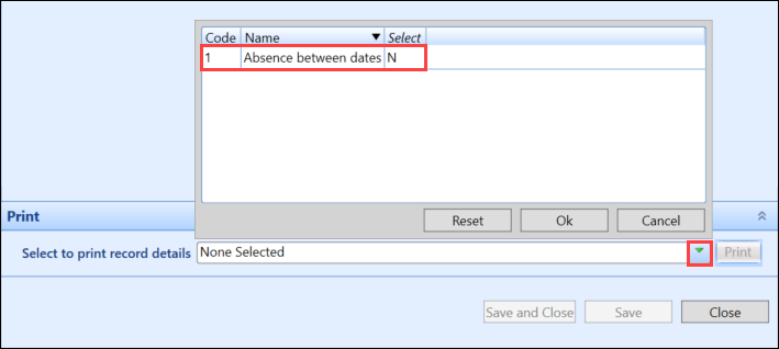 Select to print record details drop-down