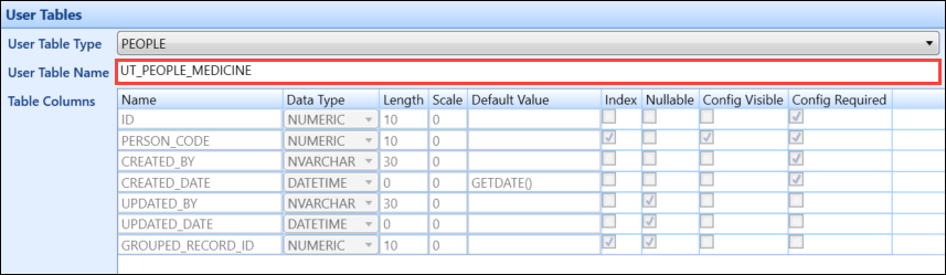 User Table Name field