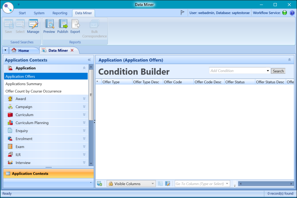 Data Miner screen with selected Application Context