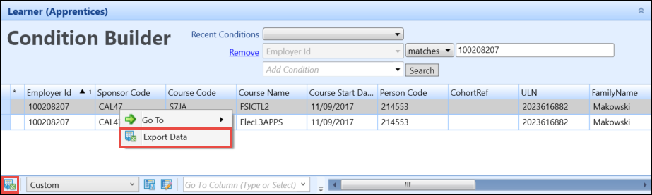 Export Data buttons