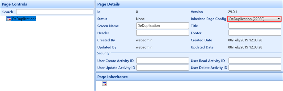 DeDuplication selected from the Inherited Page Config drop-down