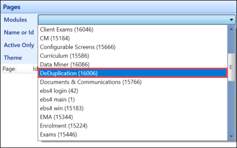 DeDuplication selection from the Modules drop-down