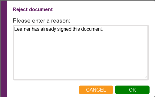 Reject Document window - rejection reason