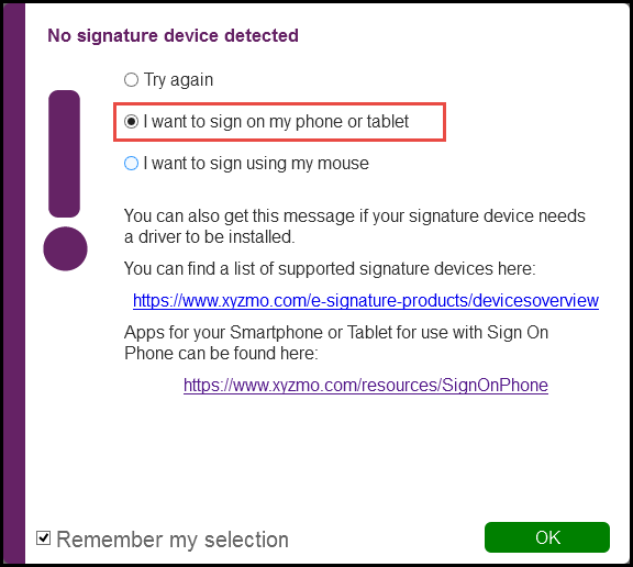 I want to sign on my phone or tablet option