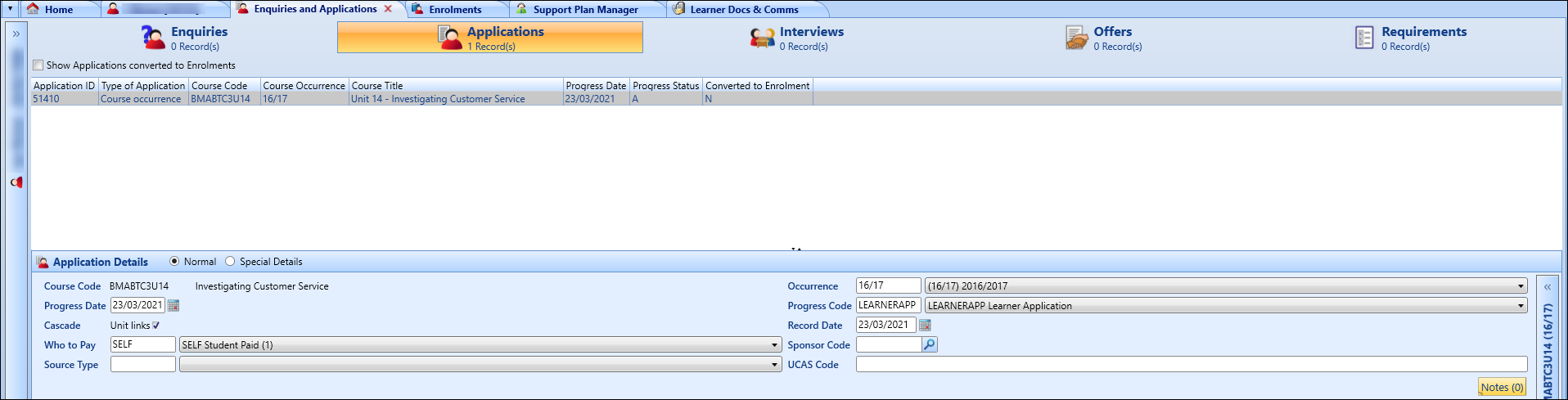 Enquiries and Applications module