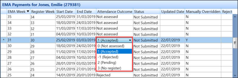 Attendance Outcome drop-down list