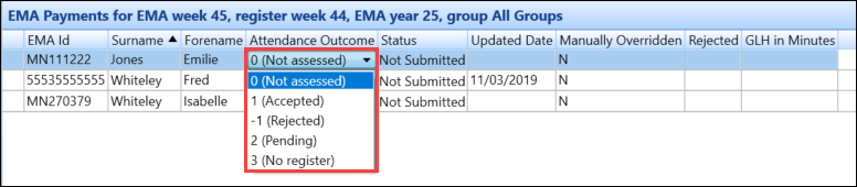 Attendance Outcome drop-down list