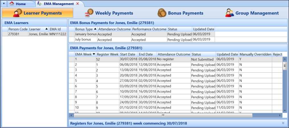 EMA Management screen